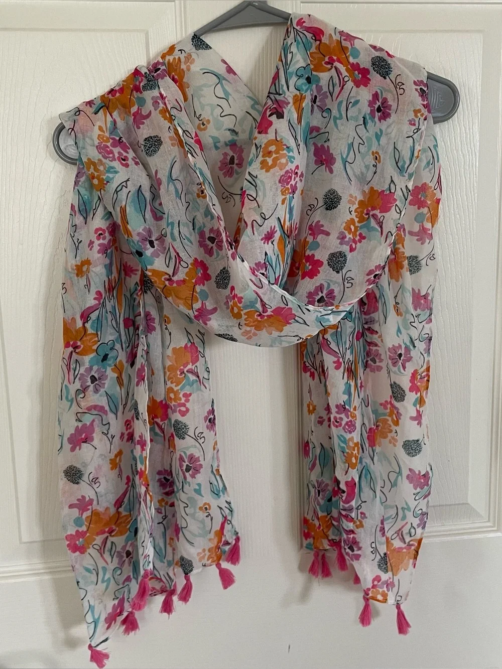 Sheer Floral Print Fashion Scarf with Tassels